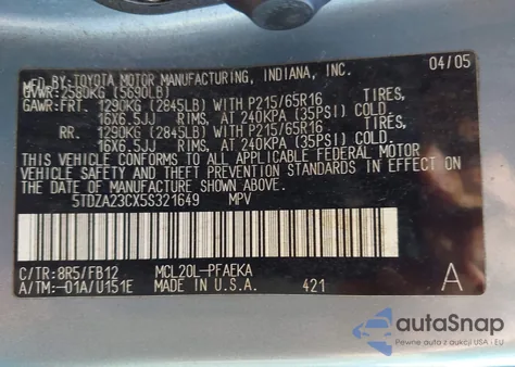 2005 Toyota Sienna Le из США, поврежденный, VIN 5TDZA23CX5S321649